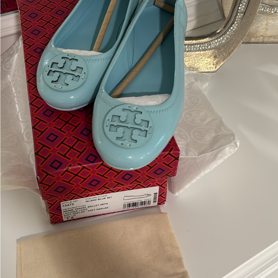 Tory Burch Light Blue Logo Flats
